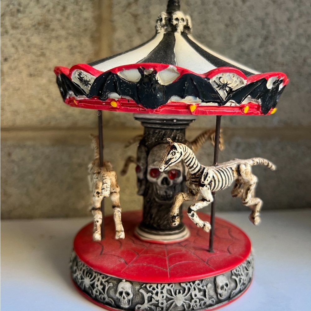 RARE Spooky Skeleton Miniature Carousel Figurine - Black, Red, White